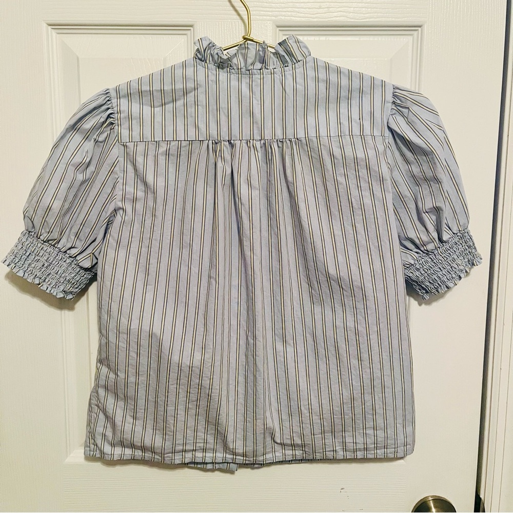 The Shirt by Rochelle Behrens XS Striped Embroidered Puff Sleeve Ruffle Blouse - Picture 6 of 6